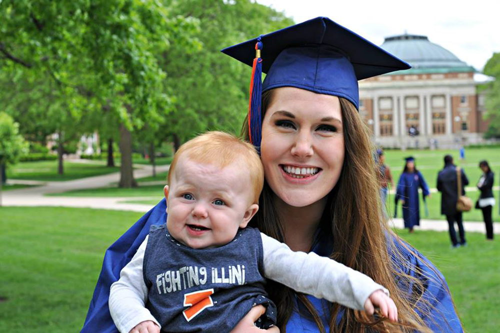 Emma Woods with her daughter, Addison, during 2016 commencement weekend. Now about to launch a new career, Woods said she would not have been able to graduate on time without online courses. (Photo courtesy of Emma Woods.)