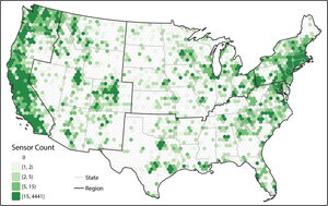 A figure showing locations of PurpleAir sensors in America.