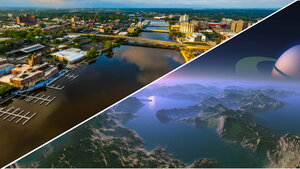 The Rock River running through Rockford, Illinois next to a 3D rendering of Titan.