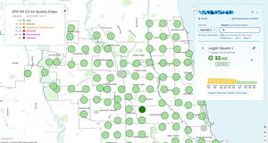 A map showing several air quality sensors and historical redlining borders.
