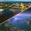 The Rock River running through Rockford, Illinois next to a 3D rendering of Titan.