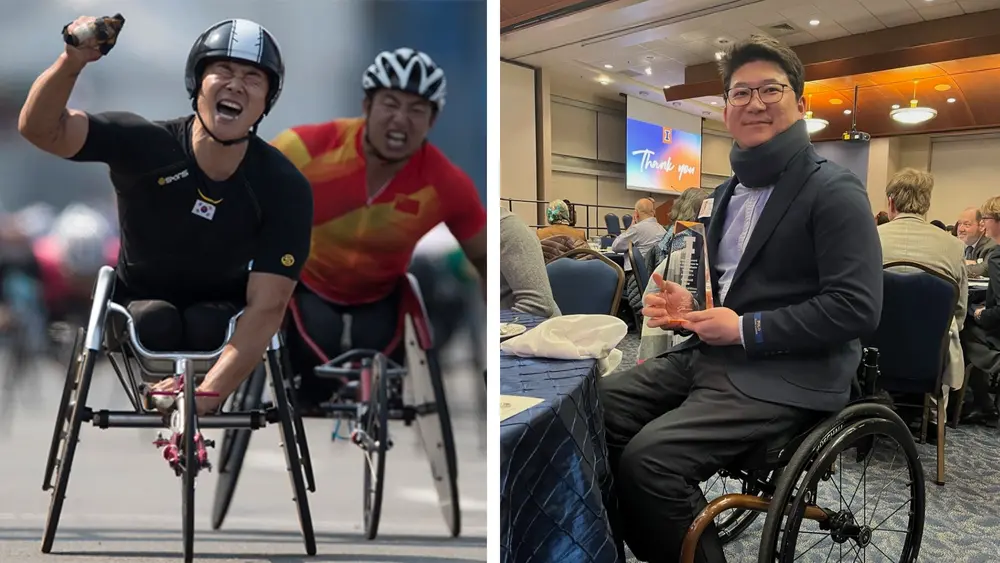 Gyudae "GD" Kim. A picture of him competing in wheelchair racing and a picture of him receiving his teaching award in a wheelchair.