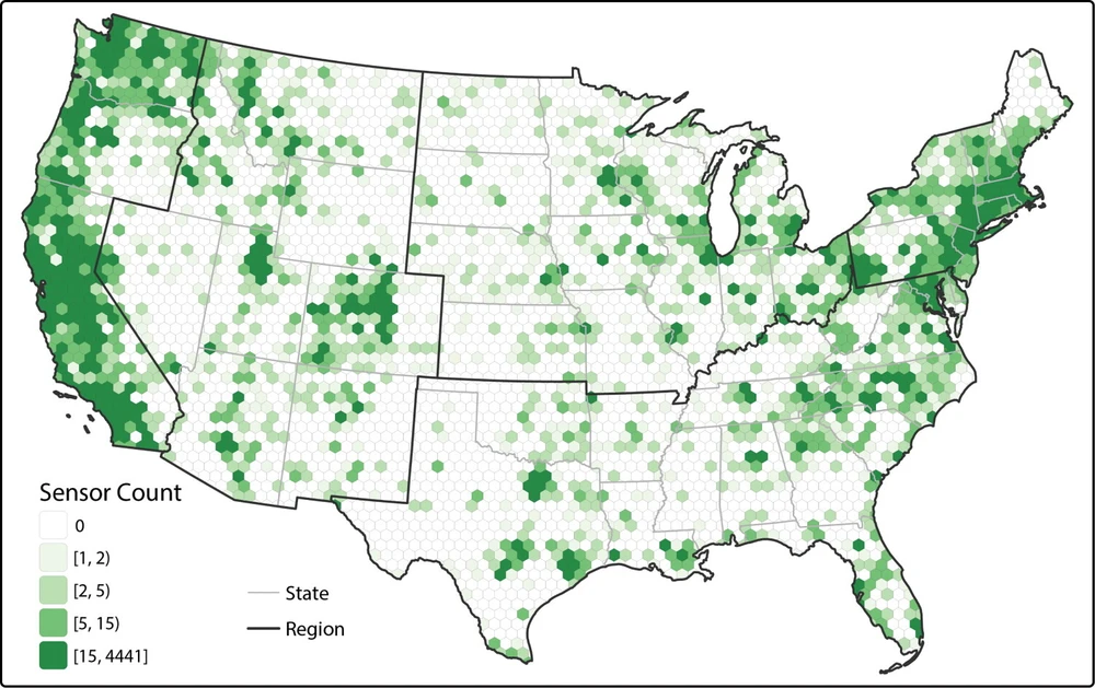 A figure showing locations of PurpleAir sensors in America.