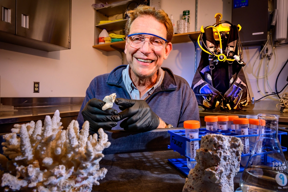 Bruce Fouke with samples of coral reefs in his lab.