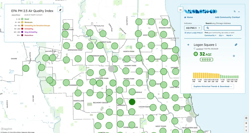 A map showing several air quality sensors and historical redlining borders.